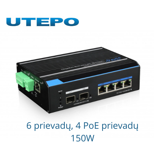 6 prievadų, 4 PoE prievadų pramoninis komutatorius UTEPO UTP7304GE-POE 150W