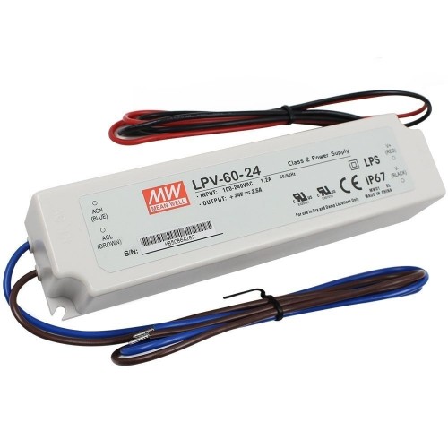 Impulsinis maitinimo šaltinis LED 24V 60W 2.5A, IP67, MEAN WELL LPV-60-24 Impulsinis maitinimo šaltinis LED 24V 60W 2.5A, IP67, MEAN WELL LPV-60-24