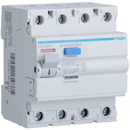 Srovės nuotekio relė Hager CD426J (AC, 25A, 4P, 30mA, 230V)