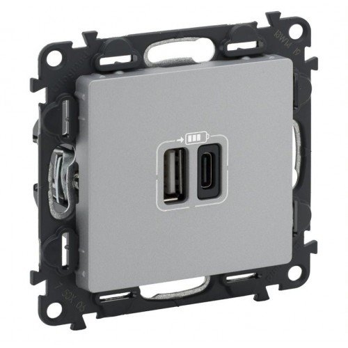 USB dvigubas C + A tipo kištukinis lizdas Valena Life Legrand 753306 (aluminio spalva) USB dvigubas C + A tipo kištukinis lizdas Valena Life Legrand 753306 (aluminio spalva)