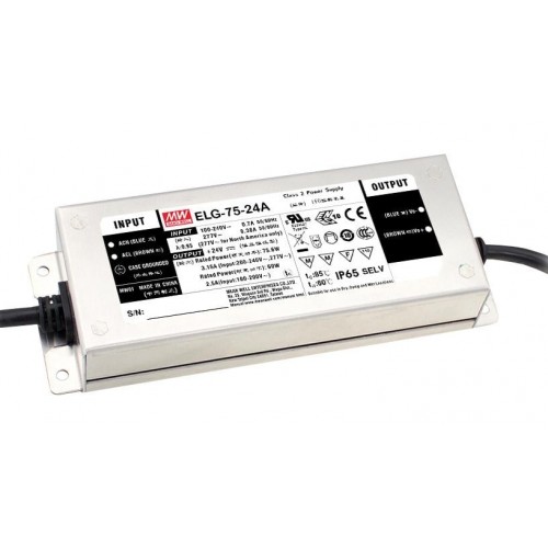 Impulsinis maitinimo šaltinis LED 24V 75W 3.15A, PFC, IP65, dimeriuojamas, MEAN WELL, ELG-75-24A-3Y Impulsinis maitinimo šaltinis LED 24V 75W 3.15A, PFC, IP65, dimeriuojamas, MEAN WELL, ELG-75-24A-3Y