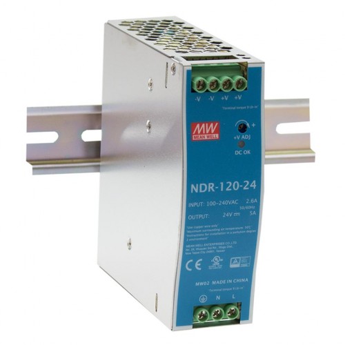 Impulsinis maitinimo šaltinis 24V 120W 5A, tvirtinamas ant DIN bėgio, MEAN WELL, NDR-120-24 Impulsinis maitinimo šaltinis 24V 120W 5A, tvirtinamas ant DIN bėgio, MEAN WELL, NDR-120-24