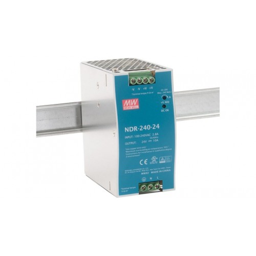 Impulsinis maitinimo šaltinis 24V 240W 10A, tvirtinamas ant DIN bėgio, MEAN WELL, NDR-240-24 Impulsinis maitinimo šaltinis 24V 240W 10A, tvirtinamas ant DIN bėgio, MEAN WELL, NDR-240-24