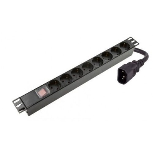 Maitinimo panelė 19'' spintai (8x220V Schuko, su jungikliu, IEC320 C14, plast. korpusas, 2 m kabelis)