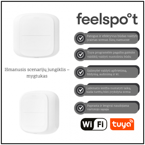 Išmanusis scenarijų jungiklis – mygtukas Feelspot FS-WSW01W Wi-Fi, Tuya Išmanusis scenarijų jungiklis – mygtukas Feelspot FS-WSW01W Wi-Fi, Tuya