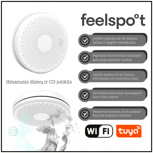 Išmanusis dūmų ir CO jutiklis Feelspot FS-CSS01W WiFi, Tuya Išmanusis dūmų ir CO jutiklis Feelspot FS-CSS01W WiFi, Tuya