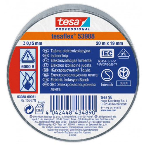 Izoliuojanti juosta TESA (pilka) 20m x 19mm 53988-00051-00 Izoliuojanti juosta TESA (pilka) 20m x 19mm 53988-00051-00