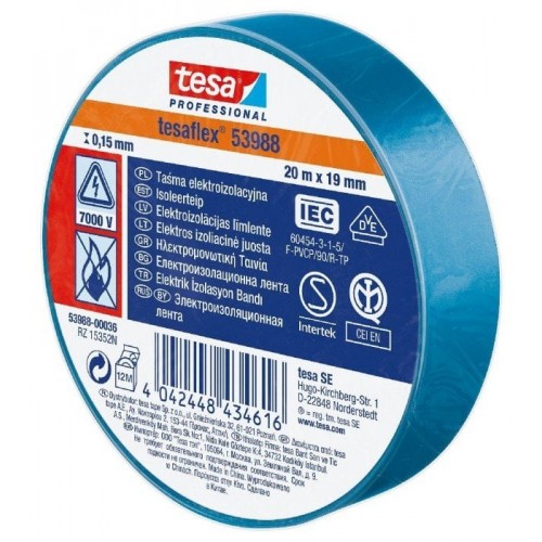 Izoliuojanti juosta TESA (mėlyna) 20m x 19mm 53988-00036-00 Izoliuojanti juosta TESA (mėlyna) 20m x 19mm 53988-00036-00