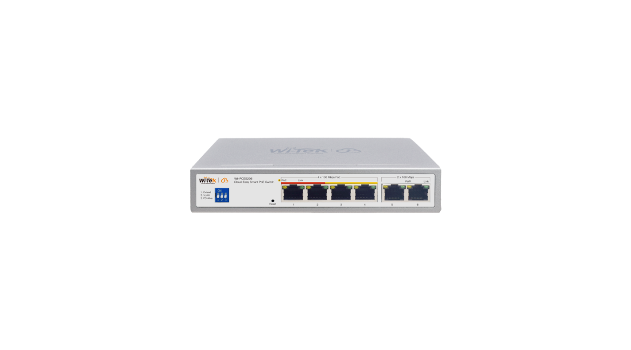 Wi‑Tek WI‑PCES206 – 4 +2 PoE portų tinklo jungiklis su 250 m režimu